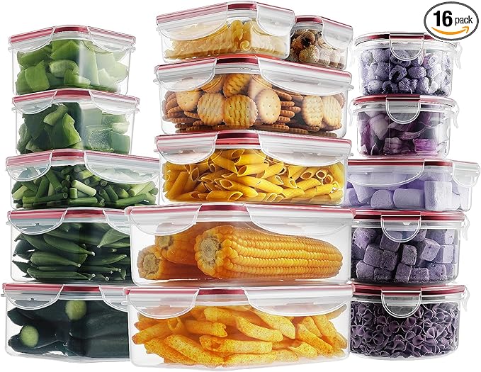 HOMBERKING 32 Pieces Food Storage Containers Set with Snap Lids (16 Lids + 16 Containers), Meal Prep Airtight Plastic Containers, BPA-Free Lunch Containers for Kitchen Organization, Pantry, Home, Red