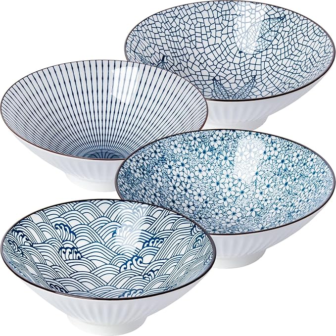 38 oz Japanese Ramen Bowl Set of 4 - Large 8 Inch Ceramic Soup Bowls, Blue and White Japanese Noodle Bowls for Pho, Ramen, and Cereal - 4 Mixing Patterns