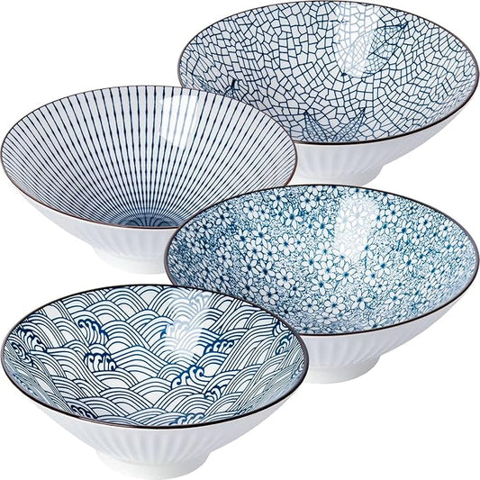 38 oz Japanese Ramen Bowl Set of 4 - Large 8 Inch Ceramic Soup Bowls, Blue and White Japanese Noodle Bowls for Pho, Ramen, and Cereal - 4 Mixing Patterns