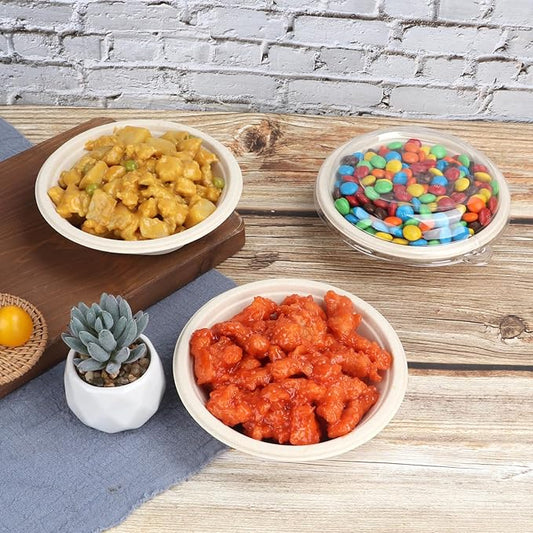 12 oz Round Disposable salad bowls with lids, Sugarcane Fiber Paper Bowls take away food containers Plant Fibers Freezer Safe 50 Pack