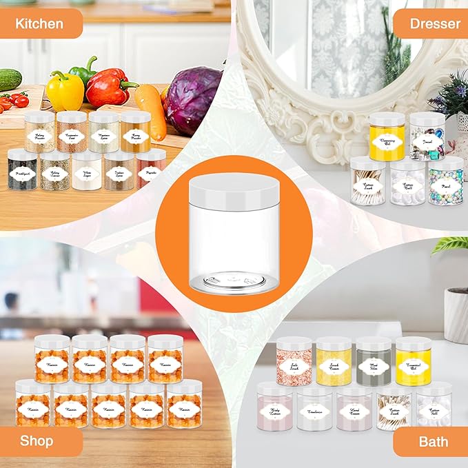 8 OZ Plastic Jars, 48 Pcs Clear Plastic Jars with Lids Stackable Leakproof Storage Containers Jar Clear Empty Slime Containers with White Lids for Kitchen and Household Food Storage