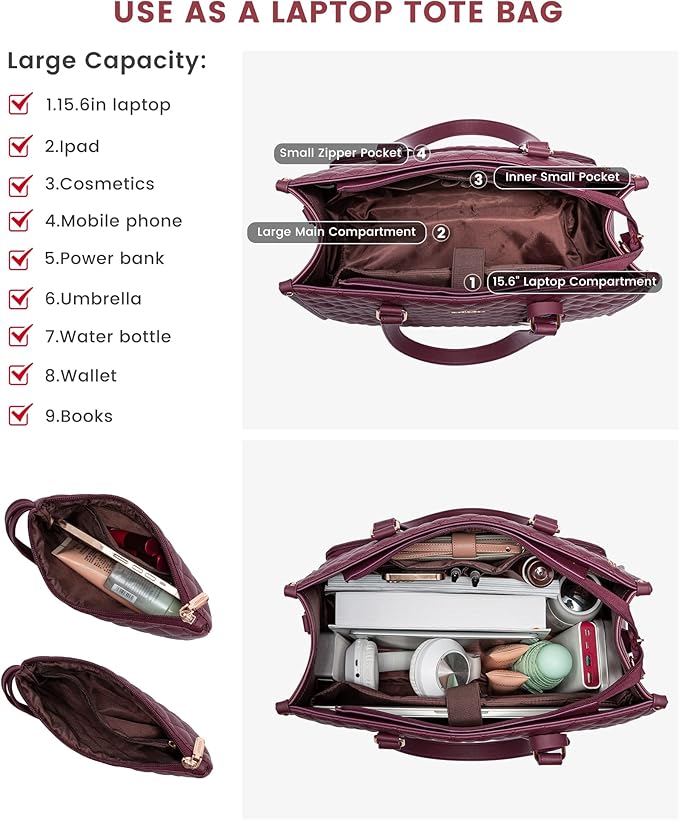 LOVEVOOK Lunch Tote Bag for Women, 15.6 Inch Laptop Bag with Insulated Lunch Compartment, Quilted Large Capacity Computer Handbag with Purse for Business, Work, Nurse, Collage, Office, Casual, Wine