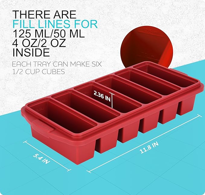 1/2 Cup Silicone Freezer Tray With Lid - Silicone Freezer Molds 2-Pack For meal prep & freezing of various sauces and other dishes, makes 12 perfect 1/2 cup portions cubes,oven and dishwasher safe