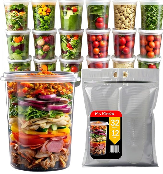 Mr Miracle Deli Containers with Lids - 12 Pack of 32 oz Clear Airtight Reusable Plastic Food and Multi-Purpose Containers - Microwave, Freezer, and Dishwasher Safe