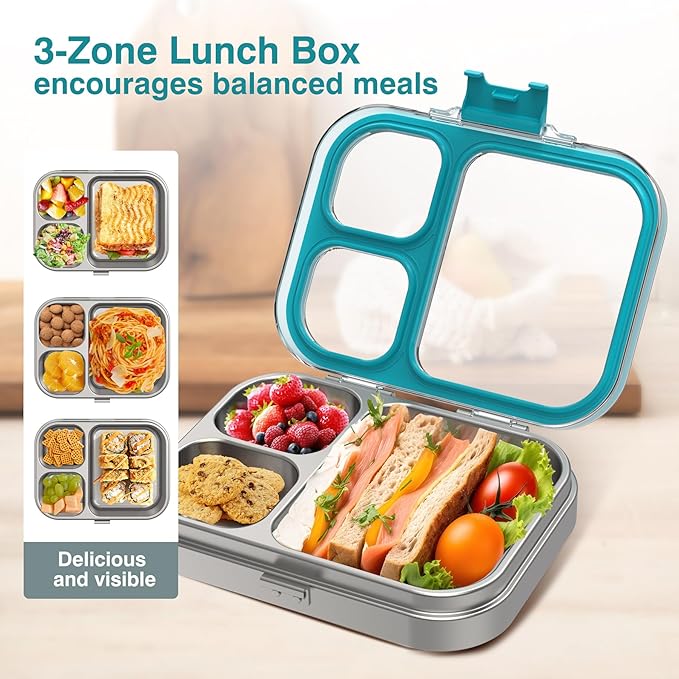 Stainless Steel Lunch Box, 3 Compartments Metal Bento Box for Kids Adults, Leak-Proof Lunch Box for School Office, Dishwasher Safe, BPA-Free, Tritan Lid, Blue