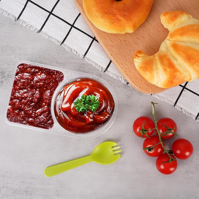 50 pcs Double Compartment Condiment Container, Reusable Snack Containers with Lids, Sauce Dipping Box with 50pcs Spoons, Snackle Box Container Used for Refrigeration, Portion Control, Dipping Sauce