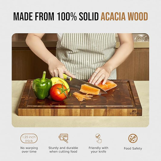 Bearchop Acacia Wood Cutting Boards for Kitchen, [24"x18"x1.25"] Large End Grain Cutting Boards, Solid Wood Butcher Block Cutting Board with Juice Grooves and Handle, Knife Friendly, Reversible