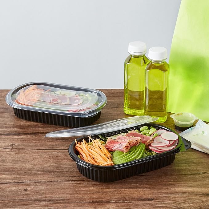 Restaurantware RW Base 25 Ounce Meal Prep Containers, 100 Microwavable To Go Containers With Lids - Disposable, Freezable, Black Plastic Oval Food Containers, Pack Hot And Cold Food, For Takeaway