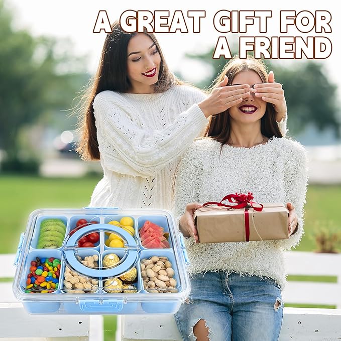 Divided Serving Tray with Lid and Handle,8 Compartments Snacks Box,Snack Fruit Tray,Veggie Tray,Portable Platter for Candy Fruits Nuts Snack Party Entertaining Picnic(1PCS Blue)