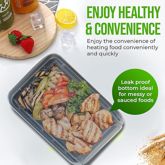 Single Compartment Meal Prep - 50 Pack - Rectangular Container with Airtight Lid – Freezer, Microwave & Dishwasher Safe – Stackable – BPA Free Plastic (Black) 28oz