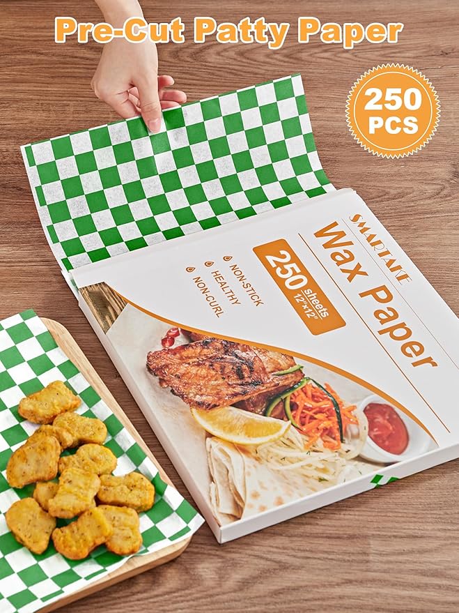 SMARTAKE 12 x 12 Inches Wax Paper for Food, 250 Pcs Non-Stick Hamburger Patty Paper, Square Sandwich Separators Wrapping Paper, for Lunch, Restaurants, Barbecues, Picnics, Parties, Green Plaid