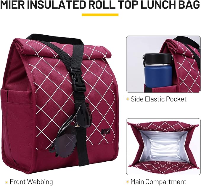 MIER Insulated Lunch Bag Roll Top Lunchbox for Women Men Adults Foldable Rolltop Lunch Tote with Shoulder Strap for Work Office Picnic, Water Bottle Holder, Red