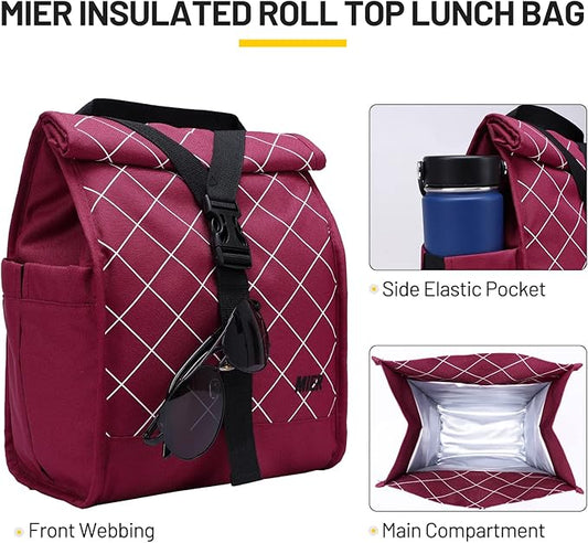 MIER Insulated Lunch Bag Roll Top Lunchbox for Women Men Adults Foldable Rolltop Lunch Tote with Shoulder Strap for Work Office Picnic, Water Bottle Holder, Red