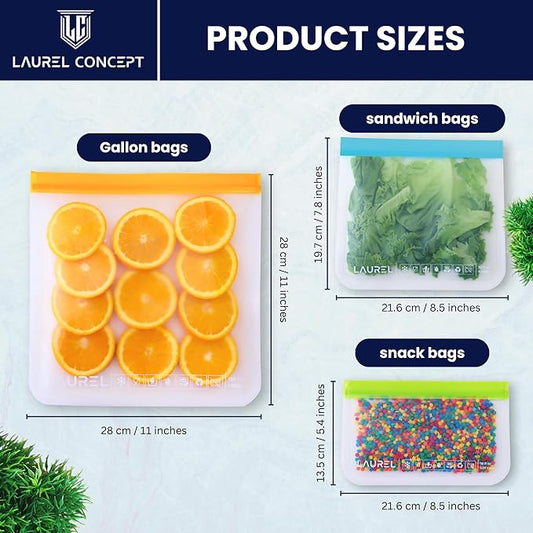 LAUREL Reusable Freezer Silicone Food Storage Bags -12 Pack+2 Gift, PEVA Silicone Bags for Food Storage, Reusable Plastic Free Ziplock Bags (2 Gallon Freezer Bags + 5 Sandwich Bags + 5 Snack Bags)