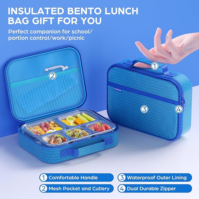 Bento Box Stainless Steel Lunch Box Set with for Lunch Bag Kids Adult 5-Compartment Leakproof Insulated Lunch Containers with Utensils for School Works, Metal Lunchbox Tray BPA-Free (Blue)