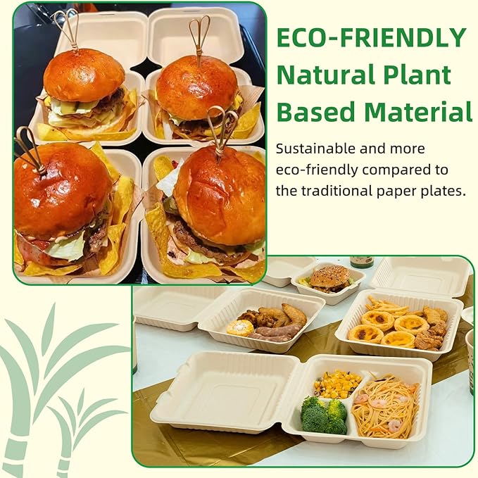 100-Pack [8”X8” 3 Compartment] Clamshell Take Out Food Containers,100% Compostable Disposable To Go Containers,Heavy Duty,Eco-Friendly Biodegradable Bagasse Take Out Boxes for Food(Brown)
