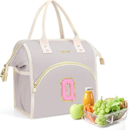 Personalized Initials Lunch Box for Women& Men, Preppy Reusable 10 L Insulated Lunch Bag, Leakproof Large Adults lunch tote Cooler Bags Insulated for Beach,Travel,Work, Picnic-Birthday Gifts（Gray Q）