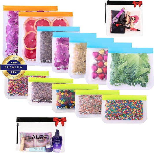 LAUREL Reusable Freezer Silicone Food Storage Bags -12 Pack+2 Gift, PEVA Silicone Bags for Food Storage, Reusable Plastic Free Ziplock Bags (2 Gallon Freezer Bags + 5 Sandwich Bags + 5 Snack Bags)