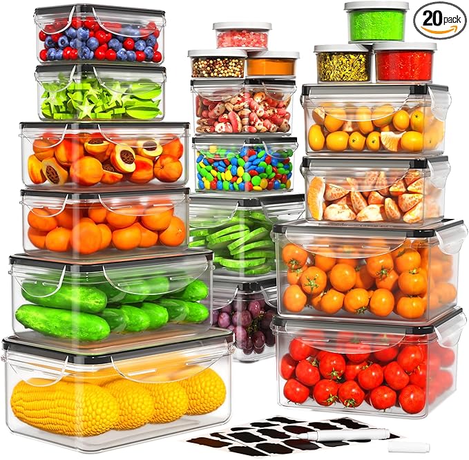 40 PCS Food Storage Containers with Lids Airtight, 100% Leakproof Plastic Meal-Prep Containers Reusable(20 Containers & 20 Lids),Microwave and Dishwasher Safe, Includes Labels & Pen