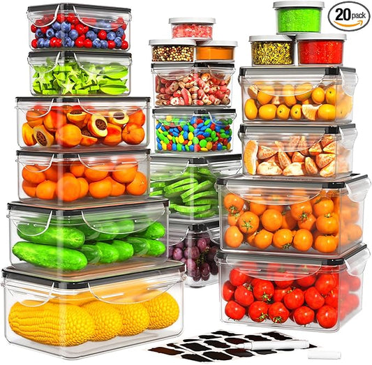 40 PCS Food Storage Containers with Lids Airtight, 100% Leakproof Plastic Meal-Prep Containers Reusable(20 Containers & 20 Lids),Microwave and Dishwasher Safe, Includes Labels & Pen