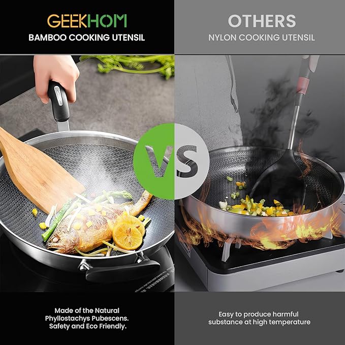 GEEKHOM Bamboo Spatulas for Nonstick Cookware, 13 Inch Wooden Kitchen Utensils, 2 Pack Wooden Spatula for Cooking, Slotted Wok Turners, Flipper for Pancake, Fish, Egg