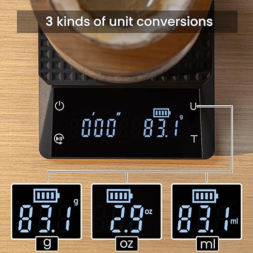 bemece 0.1g Precision Coffee Scale with Timer, Digital Espresso Scale with Back-Lit LCD Display, IPX6 Waterproof Drip Espresso Scale, 3 Units of Measurement for Espresso, French Press, Kitchen Use