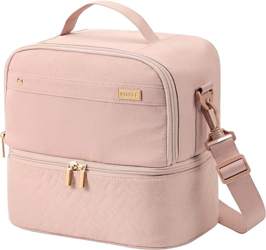 NISHEL Lunch Bag for Women, Insulated Two Separate Compartments Meal Box with Adjustable Shoulder Strap, Leakproof Cooler Case for Work, Pink