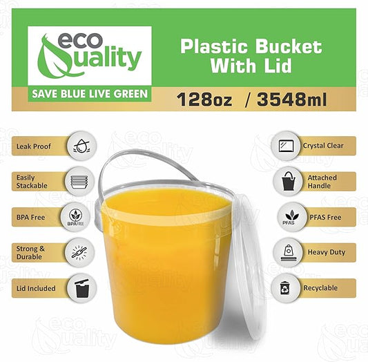 1 Gallon (128 oz) Clear Plastic Bucket with Lid and Handle (3 Pack), Ice Cream Tub with Lids - Food Grade Freezer and Microwave Safe Food Storage Containers, Round Plastic Pail Container, BPA Free