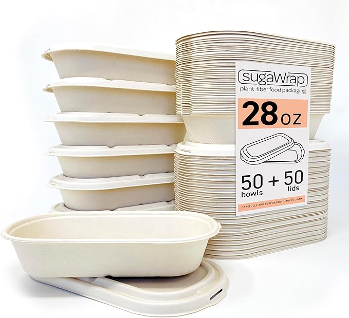 Disposable 28oz Oval Food Containers with Lids - Eco-Friendly Biodegradable Bamboo & Sugarcane, Sturdy & Leak Resistant, Freezer & Microwave Safe for Hot & Cold (50 Bowls + 50 Lids)