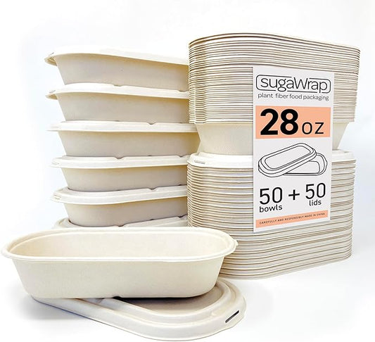 Disposable 28oz Oval Food Containers with Lids - Eco-Friendly Biodegradable Bamboo & Sugarcane, Sturdy & Leak Resistant, Freezer & Microwave Safe for Hot & Cold (50 Bowls + 50 Lids)