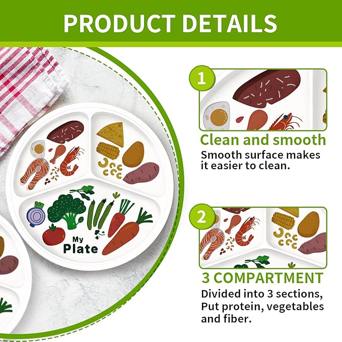 10" 3-Grid Cute Cartoon Portion Control Plate - Melamine, Healthy Nutrition for Weight Loss & Diabetes Management, Ideal for Adults & Teens Kids (1 Pack)