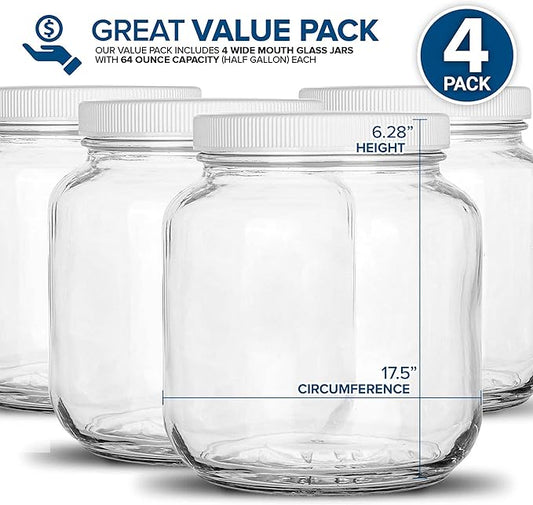 Stock Your Home 64 Oz Glass Jar with Plastic Airtight Lid (4 Pack) - Half Gallon Mason Jar for pickling, fermentation, brewing, food storage