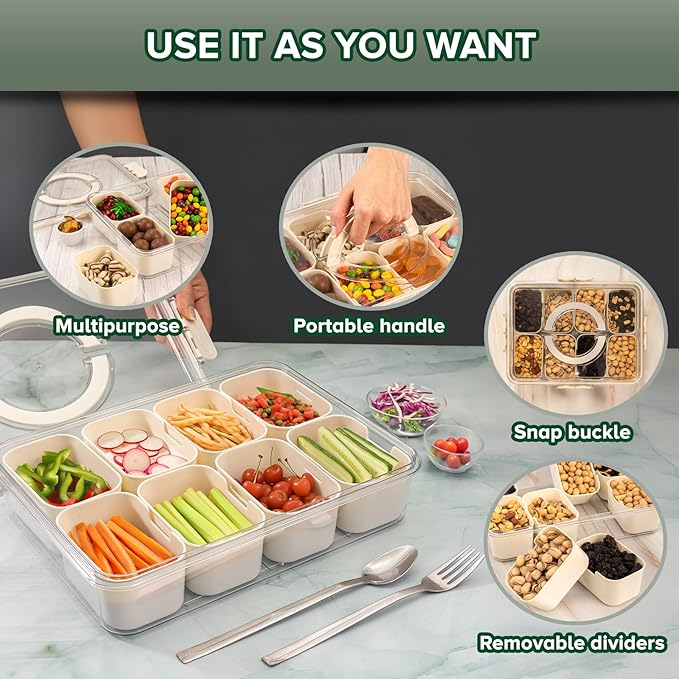 Divided tray with lid and handle, square food storage with 8 compartments, clear organizer for candies, fruits, nuts, and snacks. Perfect for parties and entertainment., Ivory White