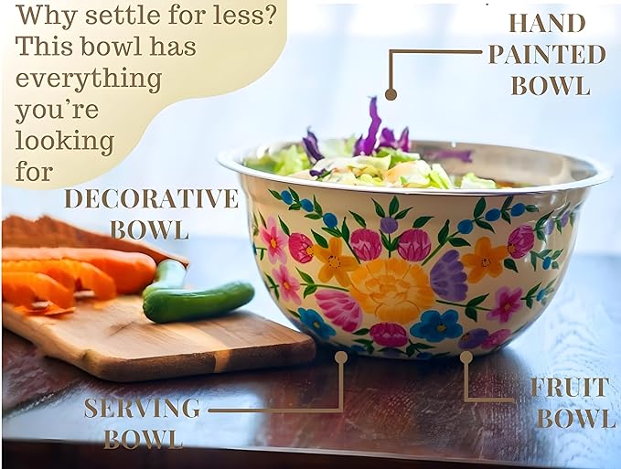 Large Hand Painted Stainless Steel Fruit Bowl - Decorative Floral for Salad Mixing and Serving - Traditional Kashmiri Art for Home Decor (Cream)