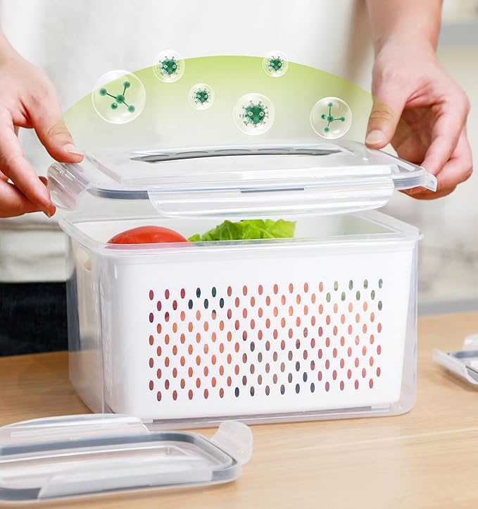 Person holding a transparent food storage container with a perforated lid on a kitchen counter.
