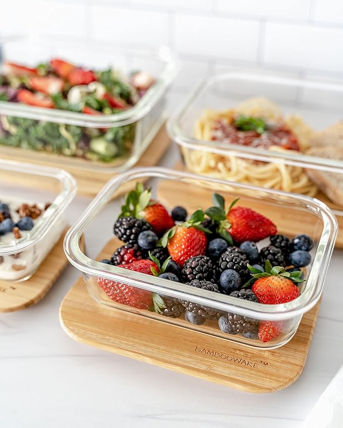 Glass Containers with Lids | Non Plastic Glassware Set - Natural Raw Organic Wooden Bamboo Lids | Set of 4 | Reusable, BPA Free | Perfect for Meal Prep, Lunch, Leftovers, Kitchen