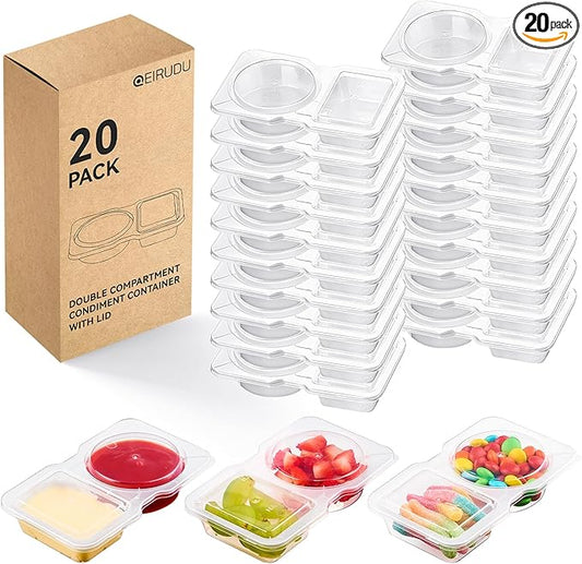 Qeirudu 20 Sets 4.5 oz Reusable Plastic Snack Containers, Double Compartment Condiment Containers with Lids for Meal Prep, Dipping Sauce, Portion Control, Travel Snack