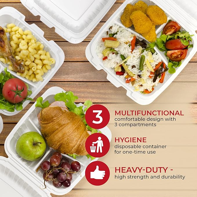 To Go Containers For Meal (60 Pack) 8" x 8" - 31oz 3 Compartments Clamshell Take Out Storage Containers Reusable - Disposable Boxes for Food - White Take Out Containers
