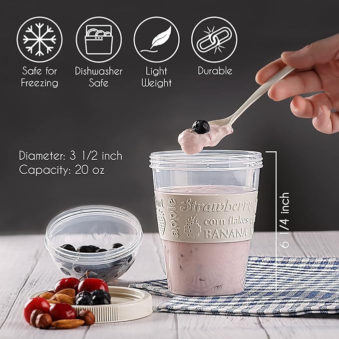 Crystalia Yogurt Parfait Cups with Lids, BPA FREE Reusable Yogurt Containers with Lids and Spoons, Take and Go Yogurt Cup with Topping Cereal or Oatmeal Container, Colorful Set of 4 (Large 20 oz)