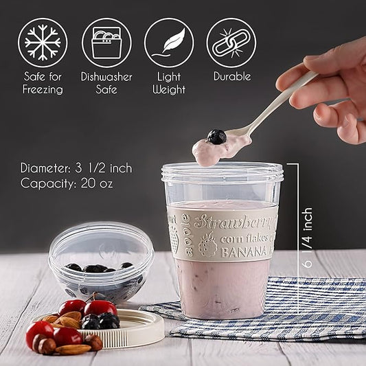 Crystalia Yogurt Parfait Cups with Lids, BPA FREE Reusable Yogurt Containers with Lids and Spoons, Take and Go Yogurt Cup with Topping Cereal or Oatmeal Container, Colorful Set of 4 (Large 20 oz)