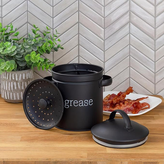 AuldHome Design Enamelware Grease Container w/Strainer (Black), Farmhouse Style Kitchen StorageTin, Labeled “Grease”