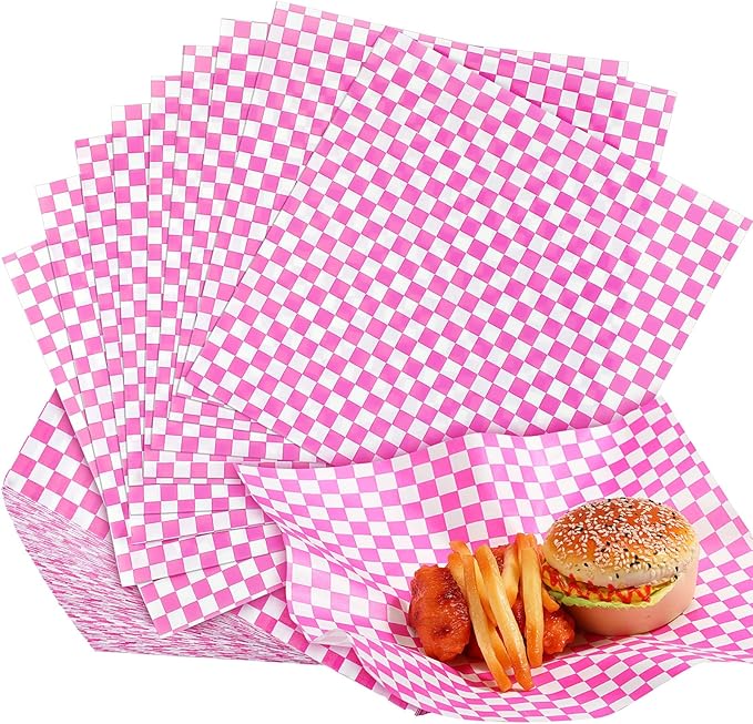 Spakon 1000 Sheets Wax Deli Paper Sheets for Food 12 x 12 Inch Checkered Dry Waxed Deli Basket Liners for Sandwich Wrapping, Food Basket Liners, Picnic party (Hot Pink-white)