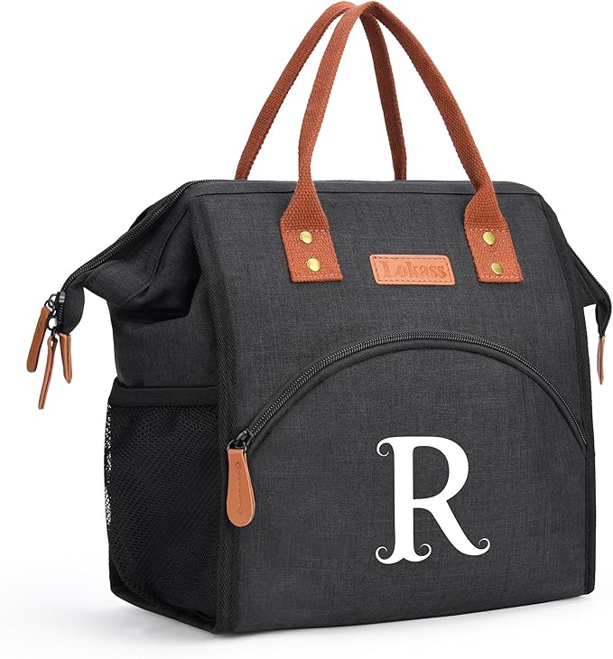 Personalized Lunch Box for Women, Initial Reusable Insulated Lunch Bag, Wide-Open Adult Lunchbox Cooler Lunchbag Snack Organizer, Initial Leakproof Lunch Tote Bag for Picnic Work Outdoors Black - R