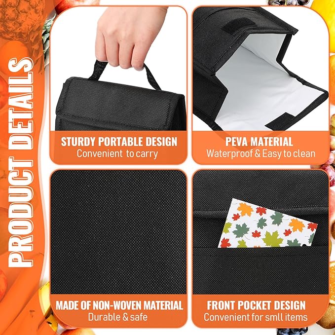 Cunno 30 Pcs Hook and Loop Insulated Bags for lunch Bulk Black Reusable Cooler Bags Waterproof Bags Bulk with Foil Thermal for Women Men Office Picnic Travel