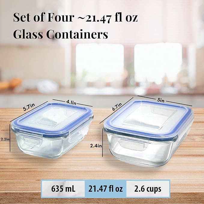 Glass Containers BPA-Free Locking Lids - 4 Pack, Premium Meal Prep Containers, Leakproof, Airtight, Microwave, Oven, Freezer, Dishwasher Safe, Ideal for Lunch, Kitchen, and Food Storage (Set of 4)