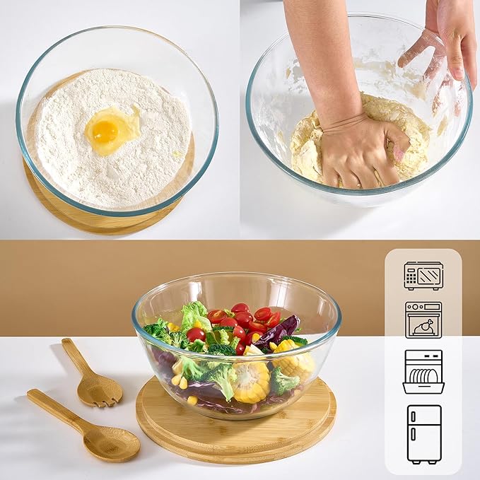 Glass Salad Bowl, 10.6" Salad Bowl with Bamboo Lid, Glass Mixing Bowls, Serving Bowls, Large Salad Bowls Set with Utensils, Trifle Bowl Fruit Bowl for Salad, Pasta, Fruit, Desserts