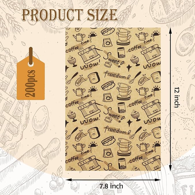 OTOPETE 200Pcs Food Paper Sheets, 12"x7.8" Grease Resistant Food Wrapper Paper, Coffee Theme Hamburger Sandwich Basket Liner, Tray Liner, for Home Kitchen Baking, Picnic, Party, Kraft Paper