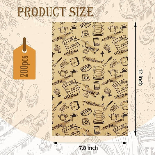OTOPETE 200Pcs Food Paper Sheets, 12"x7.8" Grease Resistant Food Wrapper Paper, Coffee Theme Hamburger Sandwich Basket Liner, Tray Liner, for Home Kitchen Baking, Picnic, Party, Kraft Paper