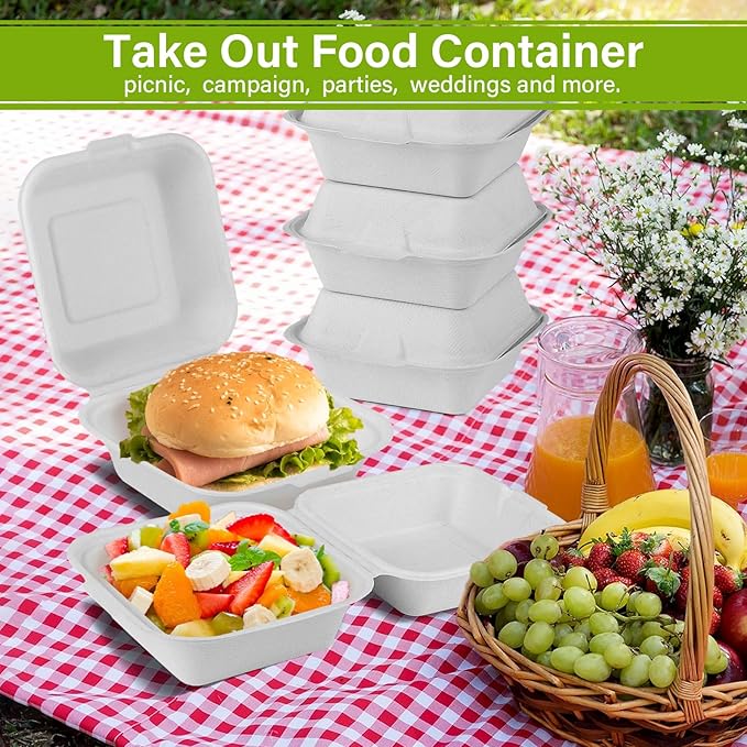 greensight To Go Containers Disposable 6X6, 100 Pack Clamshell Food Containers, Compostable To Go Boxes, Biodegradable Food Containers With White Bagasse