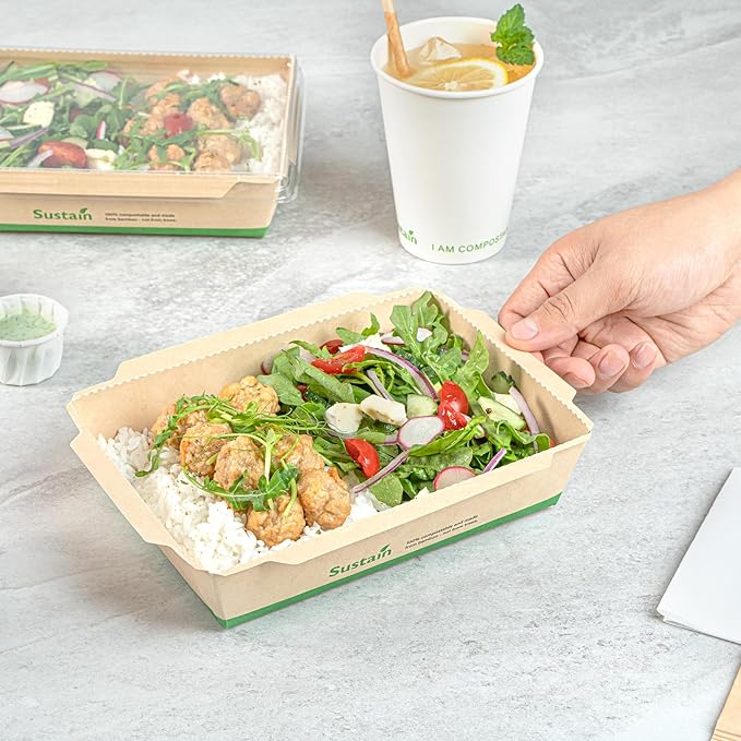 Restaurantware-Sustain 34 Ounce Sturdy Paper Take Out Boxes, 200 Disposable Take Out Food Containers - With PLA lining, Lids Sold Separately, Bamboo Paper Containers, Compostable, Click-Lock Design